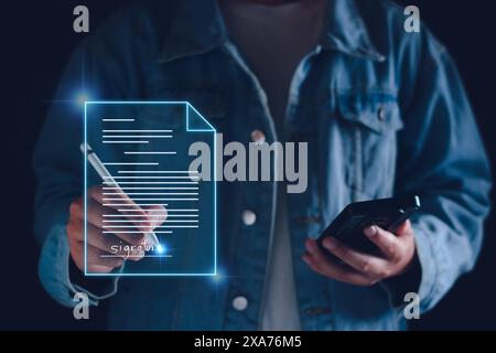 Concept commercial de signature électronique. Les gens d'affaires sont signature électronique approbation d'investissement, signer un contrat de travail, entreprise approuvée, exe Banque D'Images