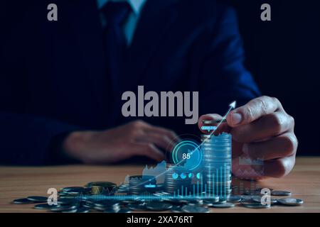 Concept de trading de fonds. Les taux d'intérêt continuent d'augmenter. Homme d'affaires planifiant des investissements à long terme, les affaires continuent de croître, volati de marché boursier Banque D'Images