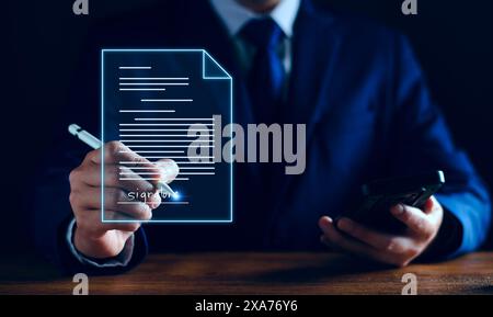 Concept commercial de signature électronique. Les gens d'affaires sont signature électronique approbation d'investissement, signer un contrat de travail, entreprise approuvée, exe Banque D'Images