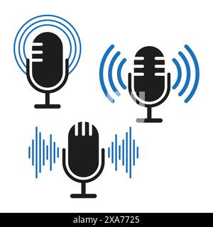Icônes audio du microphone. Ondes sonores bleues. Microphone noir. Symboles de diffusion. Illustration de Vecteur