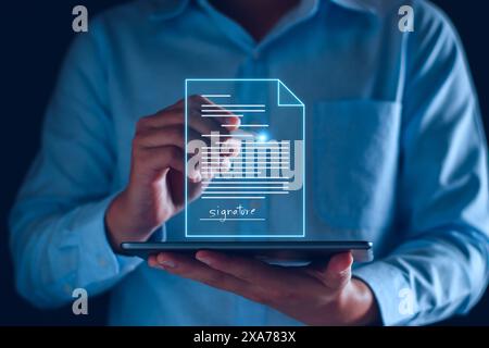 Concept commercial de signature électronique. Les gens d'affaires sont signature électronique approbation d'investissement, signer un contrat de travail, entreprise approuvée, exe Banque D'Images