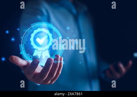 Processus de certification et de normalisation, entreprise certifiée iso, conformité aux normes internationales concept d'assurance qualité élevée. bon et prem Banque D'Images