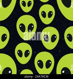 Motif sans couture de têtes extraterrestres vertes avec fond d'étoiles d'univers Illustration de Vecteur