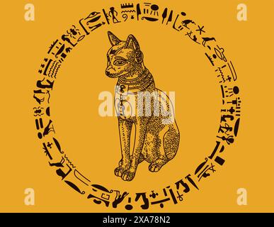 Marron Ancient bastet Cat Godess avec hiéroglyphes et fond jaune Illustration de Vecteur