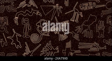 incroyable mondialement célèbre nazca ancestrale péruvienne lignes sans couture motif sur un fond brun foncé usé Illustration de Vecteur