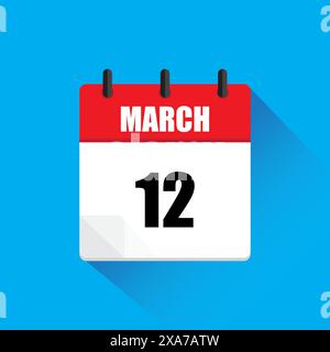 Calendrier du 12 mars. Rouge et blanc. Fond bleu. Illustration vectorielle. Illustration de Vecteur