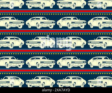 American muscle car vecteur set collage avec les couleurs du drapeau des États-Unis, les étoiles jaunes et le motif géométrique en arrière-plan Illustration de Vecteur