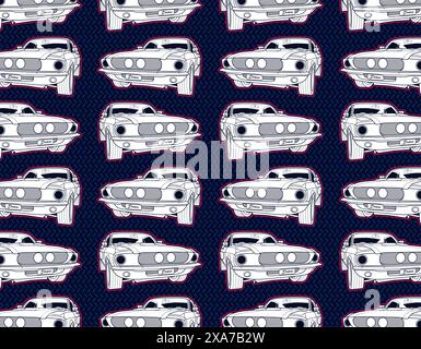 Assemblage de vecteur de voiture de muscle avec voiture blanche et motif géométrique en métal bleu en arrière-plan Illustration de Vecteur