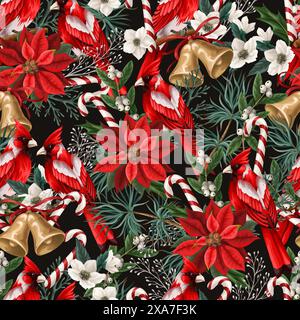 Modèle sans couture avec des éléments de Noël tels que le sapin, les oiseaux rouges, poinsettia. Vect Illustration de Vecteur