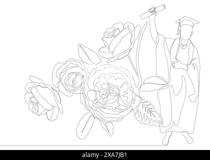 Une ligne continue de graduation, homme portant Mortarboard avec des fleurs de rose. Concept vectoriel d'illustration de ligne mince. Contour Drawing idées créatives. Illustration de Vecteur