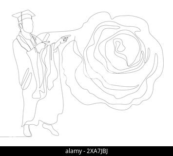 Une ligne continue de graduation, homme portant Mortarboard avec des fleurs de rose. Concept vectoriel d'illustration de ligne mince. Contour Drawing idées créatives. Illustration de Vecteur