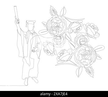 Une ligne continue de graduation, homme portant Mortarboard avec des fleurs de rose. Concept vectoriel d'illustration de ligne mince. Contour Drawing idées créatives. Illustration de Vecteur