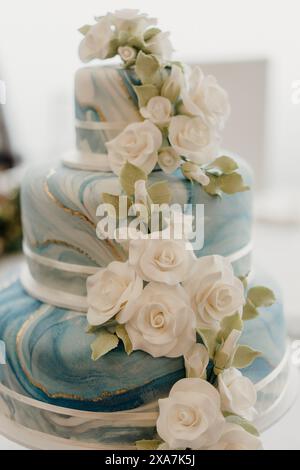 Gâteau de mariage à trois niveaux élégamment conçu orné de décorations florales Banque D'Images