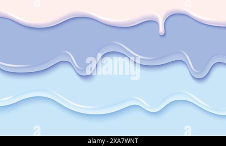 Bordure bleue et blanche de substance liquide. Illustration réaliste vectorielle de la fonte de la crème glacée ou du flux de yaourt, éclaboussure de peinture de couleur 3D, gouttes de glaçage sucrées versant vers le bas du gâteau de dessert, texture de vernis à ongles Illustration de Vecteur