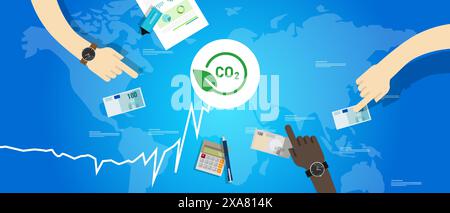 la tarification du carbone en hausse augmente le taux élevé de dioxyde de carbone sur le marché de la taxe sur le carbone dans le fond bleu de la carte mondiale Illustration de Vecteur