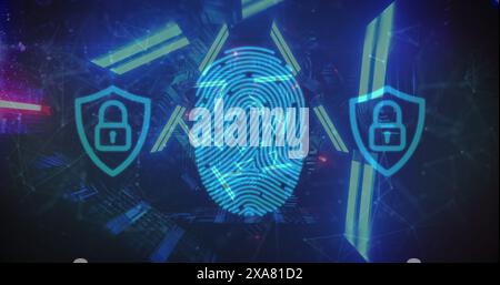 Image de cadenas d'interface numérique, empreinte digitale biométrique avec tunnel de néon bleu mobile Banque D'Images