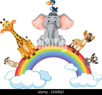 Animaux mignons assis sur un arc-en-ciel coloré Illustration de Vecteur