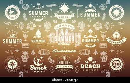 Étiquettes de vacances d'été et badges design set rétro typographie pour affiches et t-shirts. Icônes du soleil, vacances à la plage et île tropicale avec des palmiers e Illustration de Vecteur