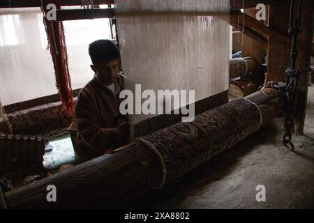 5 juin 2024, Srinagar, Jammu-et-Cachemire, Inde : un artisan cachemirien tisse un tapis traditionnel dans une usine de la vieille ville de Srinagar. L'histoire des tapis cachemiris remonte à Hazrat Mir Syed Ali Hamdani, un mystique soufi de Perse qui a introduit des artisans qualifiés et le tissage de tapis au Cachemire via la route de la soie. L'engin a culminé pendant le règne de Zain-al-Abidin, obtenant une reconnaissance mondiale. Traditionnellement, cet art se transmet de père en fils, préservant ses techniques complexes et ses designs luxueux. (Crédit image : © Adil Abass/ZUMA Press Wire) USAGE ÉDITORIAL SEULEMENT! Pas pour Commercia Banque D'Images