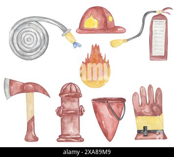 Illustration d'outils de pompier d'aquarelle, hache, gant, seau, tuyau, feu, bouchon, extincteur clipart set Banque D'Images