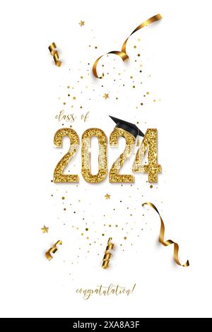 bannière verticale de cérémonie de remise des diplômes 2024. Concept de récompense avec chapeau académique, numéros d'or, rubans, confettis et texte isolé sur fond blanc Illustration de Vecteur