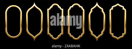 Ensemble d'illustrations vectorielles de fenêtres et d'arcs de mosquée islamiques. Collection isolée abstraite de silhouettes dorées cadres de différentes formes sur noir Illustration de Vecteur