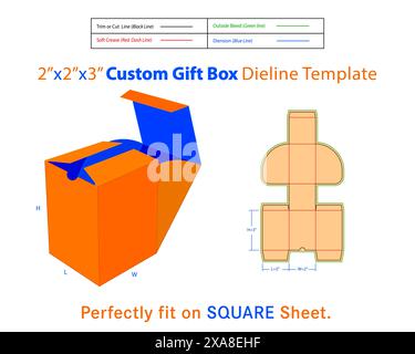 Boîte cadeau personnalisée l 2, W 2, H 3 pouces modèle de ligne de découpe. Dévoilez le plaisir de donner avec notre élégant coffret cadeau Delight. Méticuleusement organisé pour fournir un l Illustration de Vecteur