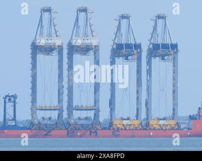 Sheerness, Kent, Royaume-Uni. 5 juin 2024. Un navire transportant quatre grues équilibrées sur le pont - le navire de transport lourd Zhen Hua 36 a voyagé de Shanghai, en Chine pour livrer quatre grues de quai à London Gateway ce matin - photo prise depuis Sheerness, Kent. Crédit : James Bell/Alamy Live News Banque D'Images