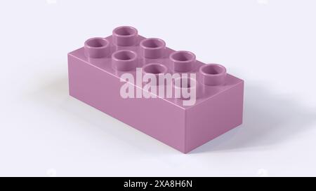 Bloc Lego en plastique mauve sur un fond blanc. Brique de jouet pour enfants, vue en perspective. Vue rapprochée d'un bloc de jeu pour constructeurs. Rendu 3D. 8K Ultra HD, 7680 x 4320, 300 dpi Banque D'Images