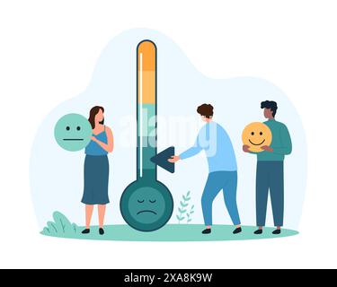 Enquête de satisfaction auprès de l'indicateur de niveau d'humeur des clients. Les gens minuscules poussent l'échelle sur le thermomètre pour réduire les émotions négatives du client du produit ou de l'expérience de service illustration vectorielle de dessin animé Illustration de Vecteur