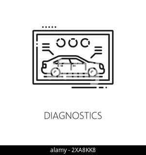 Service de voiture, concessionnaire automobile, icône de ligne de concession. Concessionnaire de recherche automobile, magasin de vente de véhicules ou pictogramme vectoriel de contour de salon officiel de voiture. Centre de réparation automobile, symbole de ligne centrale de diagnostic Illustration de Vecteur
