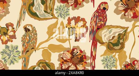 Aras et fleurs. Oiseaux et plantes exotiques tropicales. Motif de chevauchement sans couture vectoriel Illustration de Vecteur