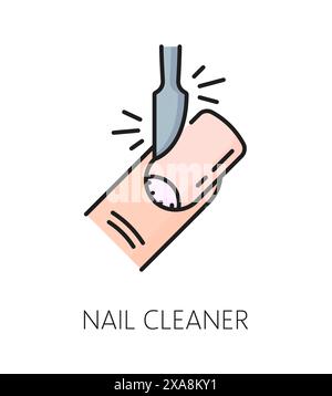 Icône de ligne de couleur du nettoyant pour ongles du service de manucure. Outils de maître de manucure et de pédicure, cosmétologie de beauté de femme ou symbole vectoriel linéaire de salon de spa. Icône ou signe de contour de magasin de cosmétiques et de maquillage Illustration de Vecteur