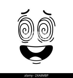 Groovie emoji face, sourire choqué ou personnage de dessin animé rétro, émoticône comique vectoriel. Visage groovy avec des yeux en spirale d'émoticône de choc surpris ou étonné et bouche effrayée dans la ligne rétro doodle Illustration de Vecteur
