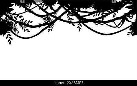 Silhouette de vignes de branche de liane de jungle tropicale sur fond, plante de lierre vecteur. Feuilles d'arbre rampant de forêt de jungle ou de liane cadre de vignes, grimpant et accrochant des branches de lierre du parc ou du feuillage de jardin Illustration de Vecteur