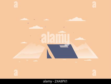 Illustration de paysage de camping de jour ensoleillé dans un style plat. Tente dans la vallée des montagnes aventure estivale. Contexte pour camp d'été, tourisme nature, camping Illustration de Vecteur
