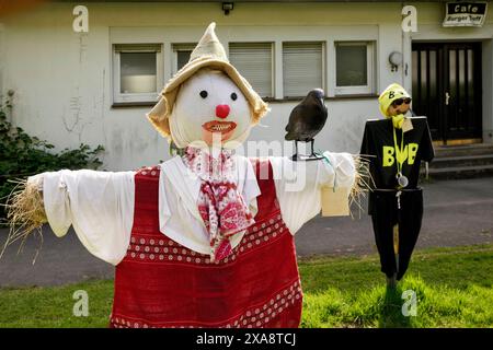 Épouvantails dans un pré, Allemagne, Rhénanie du Nord-Westphalie, Bergisches Land, Solingen Banque D'Images