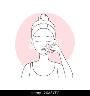 Fille massant la peau du menton pour le massage lymphatique, en utilisant l'illustration vectorielle de masseur gua Sha Illustration de Vecteur