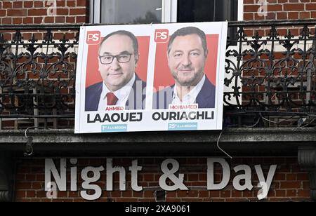 Bruxelles, Belgique. 05 juin 2024. Photo d'affiches électorales avec photo de politiciens, dans les rues de Laeken-Laken, Bruxelles, mercredi 05 juin 2024. La Belgique organise des élections coïncidentes pour les organes législatifs régionaux, fédéraux et européens le 9 juin. BELGA PHOTO ERIC LALMAND crédit : Belga News Agency/Alamy Live News Banque D'Images