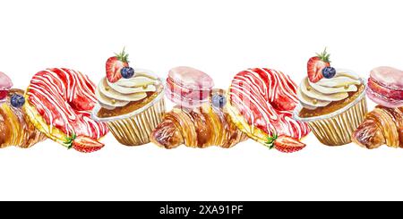 Gâteaux bordure sans couture. Beignet, croissant, muffin, macaron, baies. Illustration d'aquarelle dessinée à la main isolée sur fond blanc. Cartes, emballage PA Banque D'Images