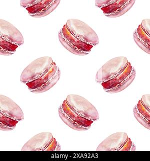Gâteaux de macaron, modèle sans couture. Illustration aquarelle dessinée à la main de cupcakes roses isolés sur fond blanc. Pour cartes, papier d'emballage, ruban adhésif Banque D'Images