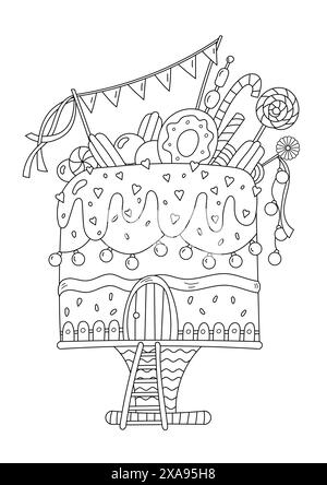 Coloriage mettant en vedette Une maison en forme de gâteau est une activité anti-stress adulte Illustration de Vecteur