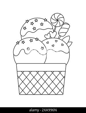 Coloriage caractéristiques crème glacée magnifiquement décorée dans Une tasse, une activité de coloration anti-stress adulte Illustration de Vecteur