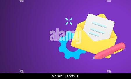 Écriture de la nouvelle lettre envoyant à l'enveloppe ouverte avec le papier blanc simple illustration vectorielle isométrique 3D. Création de message mécanisme de moteur de vis et stylo Illustration de Vecteur