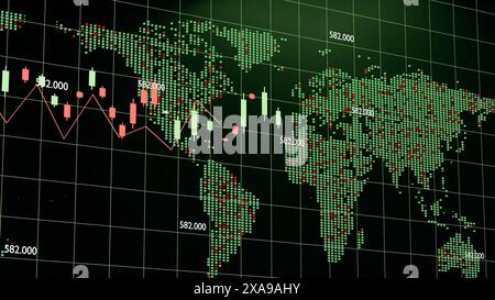 Visualisation des données financières mondiales : carte du monde numérique avec graphique de trading Banque D'Images