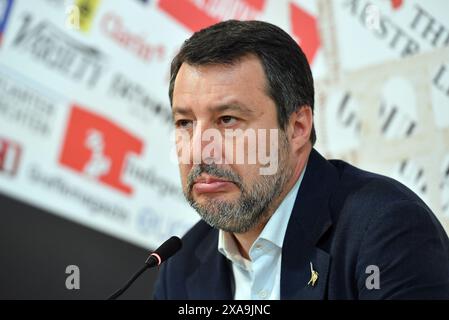 Italie, Rome, 5 juin 2024 : le leader de la Ligue (Lega), Matteo Salvini, lors de la conférence de presse au siège de la presse étrangère, en vue des prochaines élections européennes. Photo © Fabio Cimaglia/Sintesi/Alamy Live News Banque D'Images