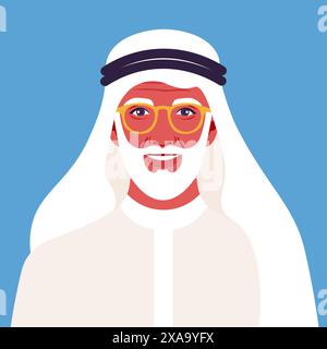 Portrait d'un homme arabe âgé avec une barbe blanche et des lunettes. Homme d'affaires de l'ethnie du moyen-Orient en vêtements nationaux. Illustration vectorielle plate Illustration de Vecteur