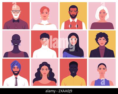Un ensemble de visages souriants de personnes de différentes races et Nations. Diversité. Heureux avatars modernes jeunes et vieux. Société et population. Vecteur Illustration de Vecteur