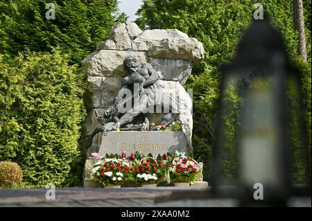 LVIV, UKRAINE - 28 MAI 2024 - la tombe d'Ivan Franko est photographiée au cimetière de Lychakiv lors d'un événement marquant le 108e anniversaire de la mort de l'éminent poète et écrivain ukrainien, Lviv, dans l'ouest de l'Ukraine. Le charrue avec la pioche décore la tombe d'Ivan Franko qui est fréquemment appelé 'Kameniar' (briseur de pierre) en référence à son célèbre poème 'Kameniari'. Banque D'Images