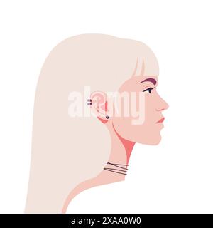 Profil d'une jeune femme blonde avec piercing. Vue latérale. Mannequin de mode. Illustration vectorielle plate Illustration de Vecteur